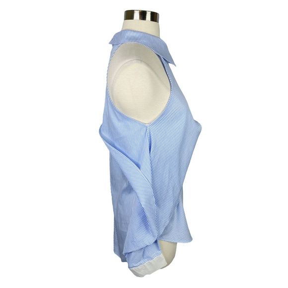 Central Park West x REVOLVE Blue Pinstripe Fold Over Cold-Shoulder Blouse Small - Picture 3 of 7